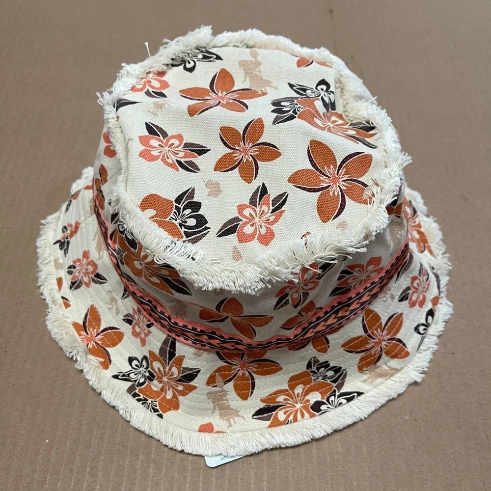 Disney Parks Moana Adult Bucket Hat Hei‎ Hei Floral Brown Beige Fringe NEW